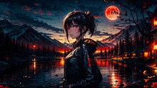 a girl in a black jacket is standing in front of a lake at night with a full moon in the background .