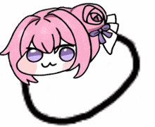 a drawing of a girl with pink hair and purple eyes laying on her back .