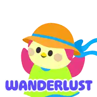 an illustration of a bird wearing a hat and the word wanderlust below it