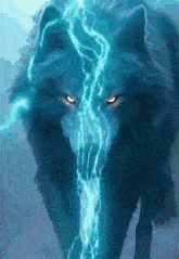 a painting of a blue wolf with lightning coming out of its eyes