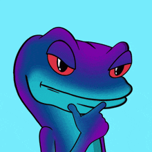 a purple and blue lizard with red eyes and a hand on its chin