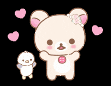 a teddy bear with a button around its neck is standing next to a smaller teddy bear