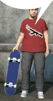 a man wearing a red shirt with a gun on it holds a blue skateboard