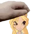 a hand is putting a slipper on a girl 's head