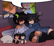 a cartoon drawing of two girls laying on a bed