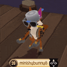 a dog wearing sunglasses and a hat with the number 2 on it is standing next to a sign that says minishybunny8