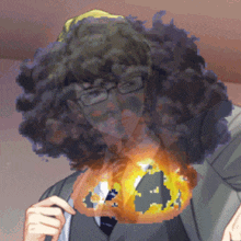 a pixelated image of a man with glasses and a pumpkin in his hand