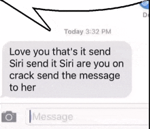 a text message from today 3:32 pm that says love you that 's it send siri send it siri are you on crack send the message to her