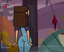 a cartoon girl is standing in front of a tent with a rec button