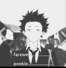 a black and white drawing of a boy in a suit and tie with the words farewell pookie .