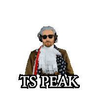 a man wearing headphones and a scarf with the words ts peak on the bottom