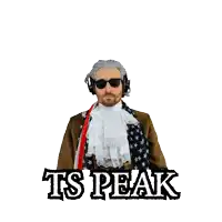 a man wearing headphones and a scarf with the words ts peak on the bottom
