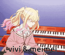 a girl in a pink dress is playing a piano and the words vivi & meimei are above her