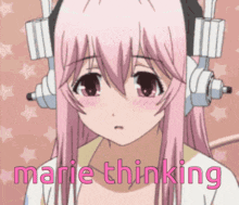 a pink haired anime girl with the words marie thinking behind her