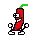 a pixel art of a red pepper with arms and legs and a green stem .