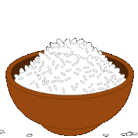 a blue penguin is sitting in a bowl of rice holding a fork and spoon