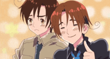 two anime characters one of whom is giving a thumbs up sign