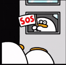 a cartoon duck is holding a sign that says `` sos '' in front of a window .
