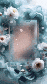 a picture frame is surrounded by white flowers and smoke