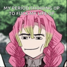 a cartoon of a girl with pink hair and a funny face .