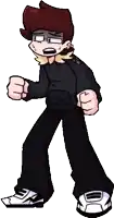 a pixel art of a boy in a black hoodie and black pants is standing with his fist in the air .