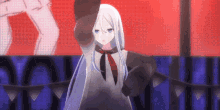 a girl with long white hair is standing in front of a red and blue background