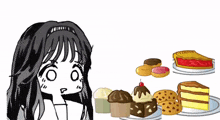 a black and white drawing of a girl looking at cupcakes and cakes