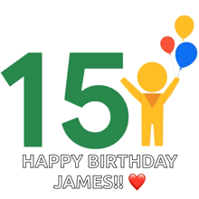 a green number 15 with a yellow figure holding balloons