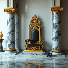 a black and gold throne in a room with marble pillars