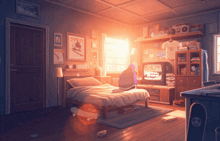 a bedroom with a thrasher poster on the wall above the bed