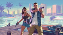 a man and a woman holding guns in front of a city