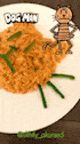 a plate of food with a drawing of a cat on it
