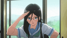 a girl wearing glasses salutes with her hand on her forehead