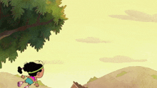 a cartoon of a girl laying on a hill with a tree in the background