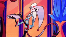a cartoon character with a long tail is holding a plate with food on it .