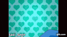 a blue background with hearts and the name sasi sage on it