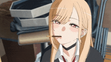 a girl with blonde hair and red eyes is eating a chocolate bar