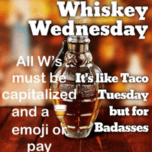 a bottle of whiskey is on a wooden table