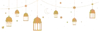 a row of lanterns hanging from strings with stars and a crescent moon in the background