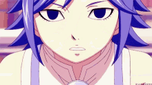 a close up of a girl 's face with purple hair and a white shirt .