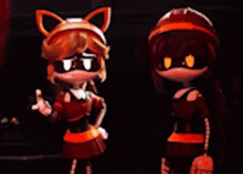 two cartoon characters are standing next to each other in a dark room .