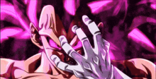 a close up of a person 's face with purple eyes and a hand covering it .