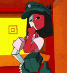 a cartoon character is standing next to a wall and holding her hand to her chin .