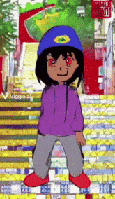 a cartoon character is standing in front of a staircase and a sign that says viggle ai