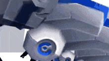 a close up of a robot with a blue eye and the letter a on it