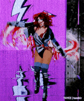 a woman with red hair is dancing on a stage with a lightning bolt in the background ..