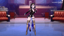 a girl in a cat costume is dancing in front of a sign that says bibili