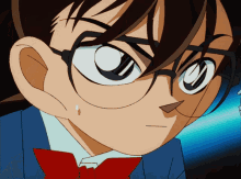a close up of a cartoon character wearing glasses and a red bow tie