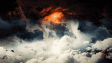 a painting of a cloudy sky with the sun shining through