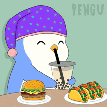 a penguin wearing a purple hat is drinking a drink while eating a hamburger and tacos